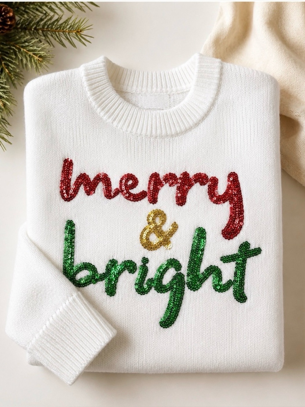 Merry & Bright Sequins Christmas Sweater Classic White Sweater Red & Green Sqns